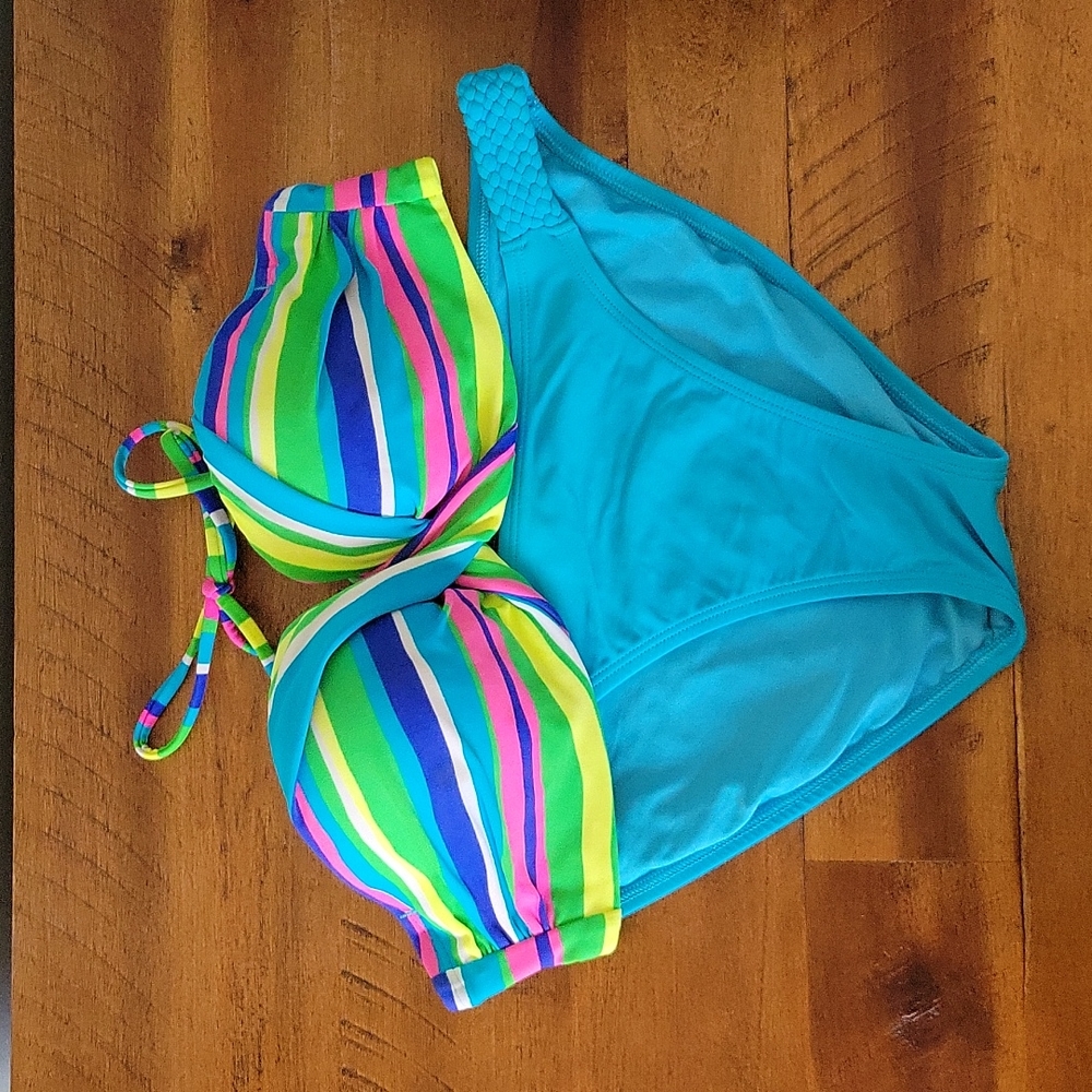 Striped Colorful Bikini Top and Blue Bottoms - Aerie
